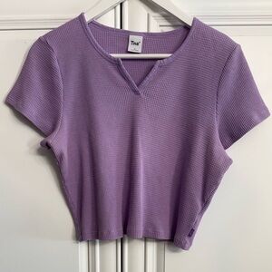 TNA Women's Plus Size 1X Lavender Waffle Knit Notch Cropped Tee Short Sleeve